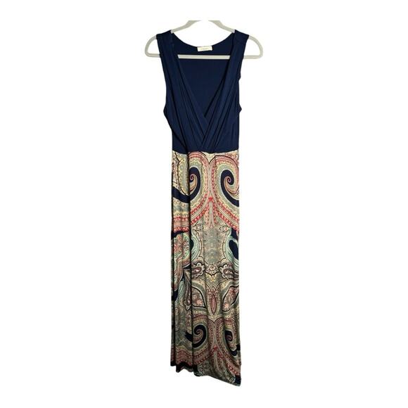 Gilli Dresses & Skirts - Gilli Navy Blue Sleeveless Wrap Maxi Dress Solid Top Print Bottom Size Large